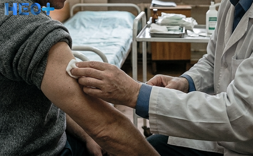 Врач ставит пациенту укол в плечо